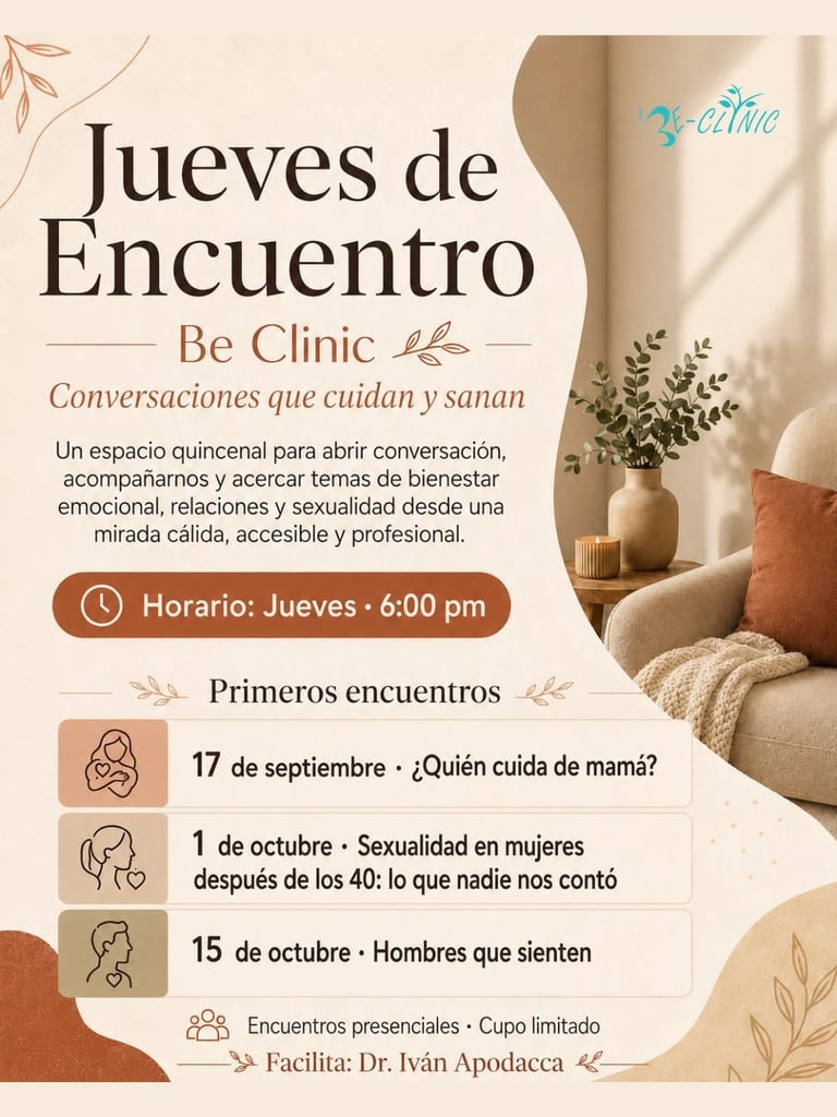 Spanish event flyer for Be Clinic therapy sessions titled Jueves de Encuentro, featuring three upcoming topics and a warm, minimalist interior design aesthetic