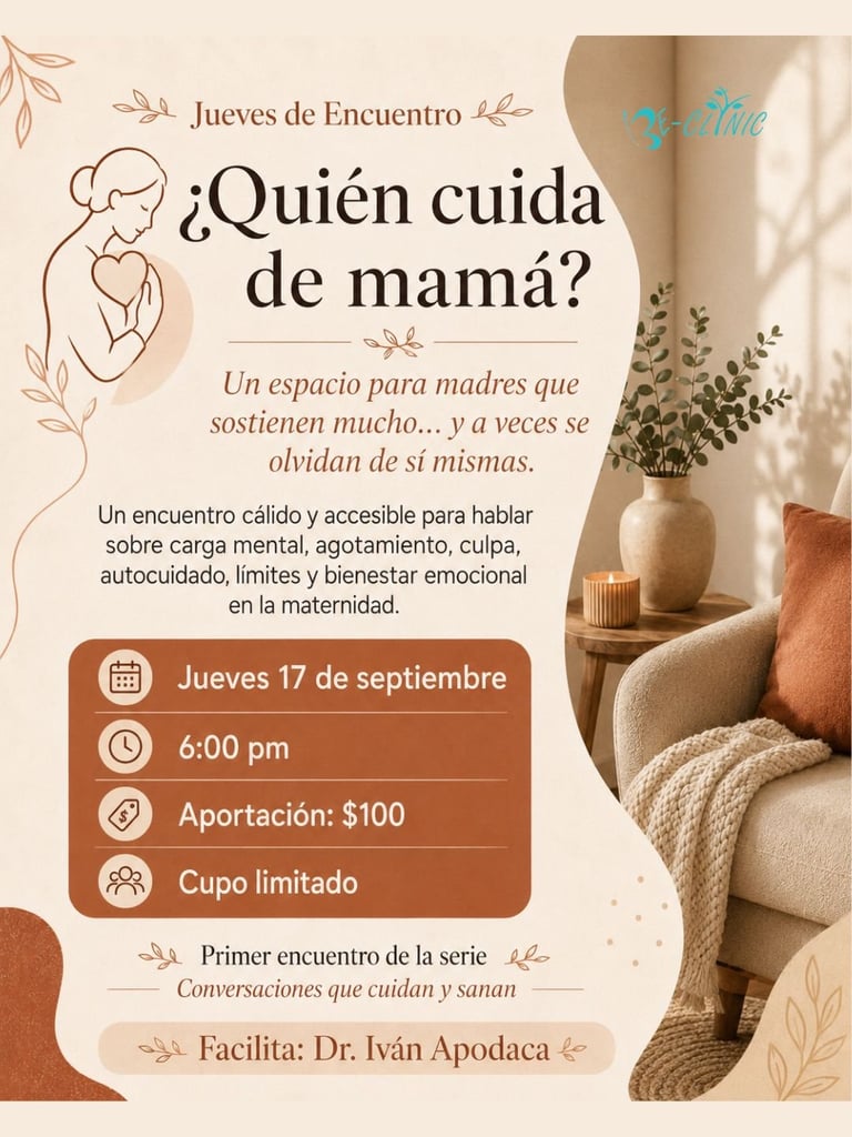 Event poster for a mothers support group meeting on September 17 at 6:00 pm, featuring warm earth tones and a cozy interior photo