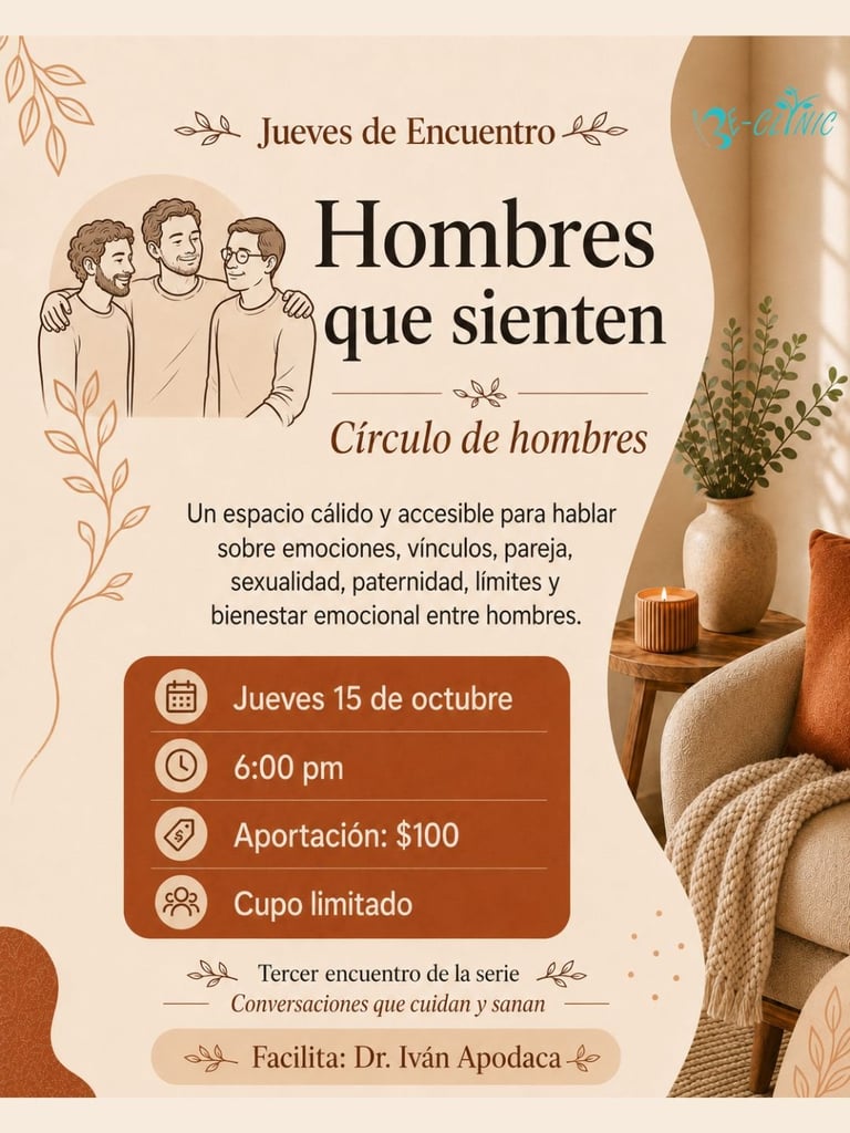 Spanish flyer for Jueves de Encuentro mens circle meeting on October 15 at 6:00 PM, featuring three illustrated men and details about emotional wellness discussions
